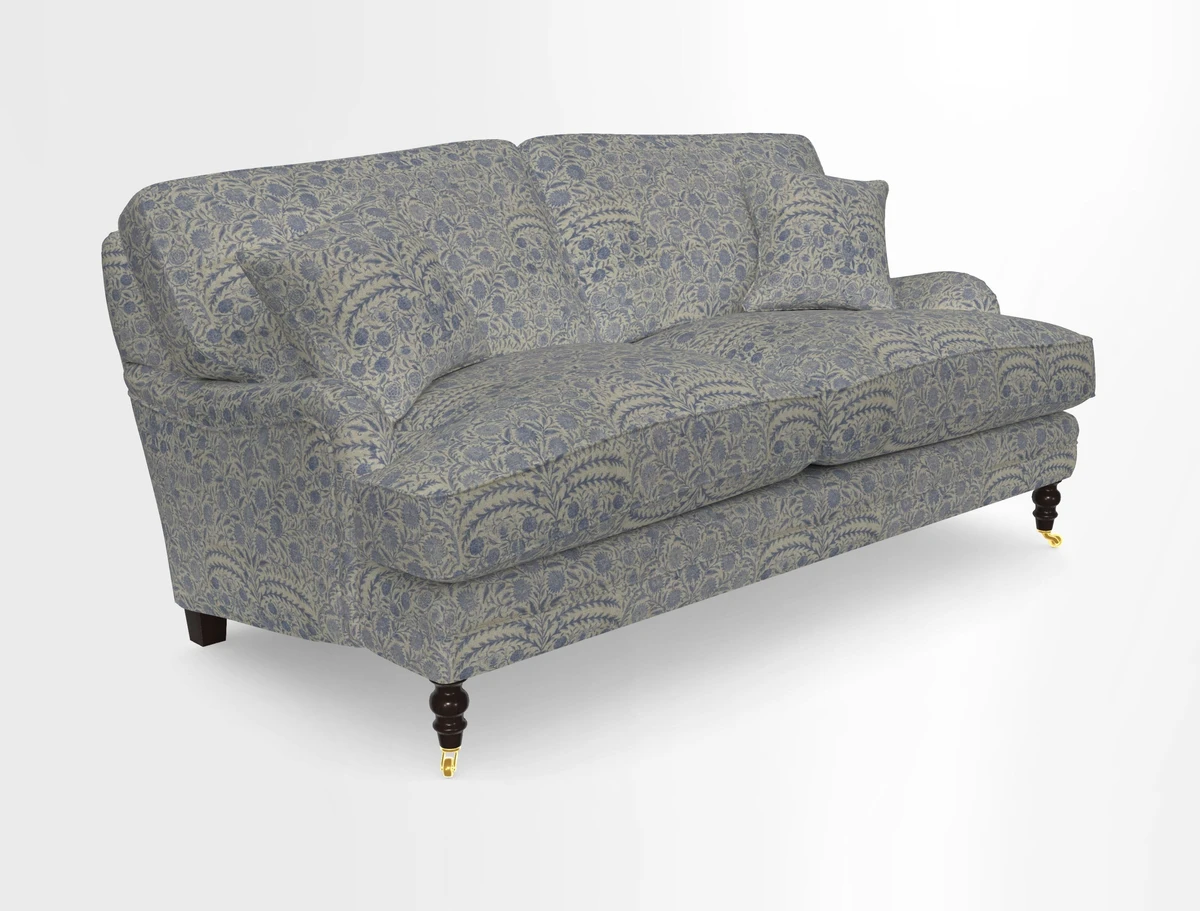 Coates 3 Seater Sofa in Mohair Velvet Indigo with Seat and Back Cushions in Gertrude Jekyll Meadow Flower Blue