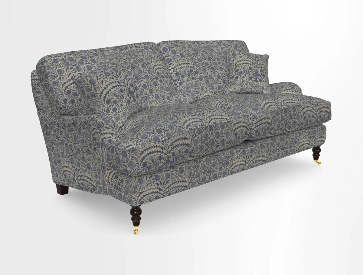 Coates 3 Seater Sofa in Mohair Velvet Indigo with Seat and Back Cushions in Gertrude Jekyll Meadow Flower Blue