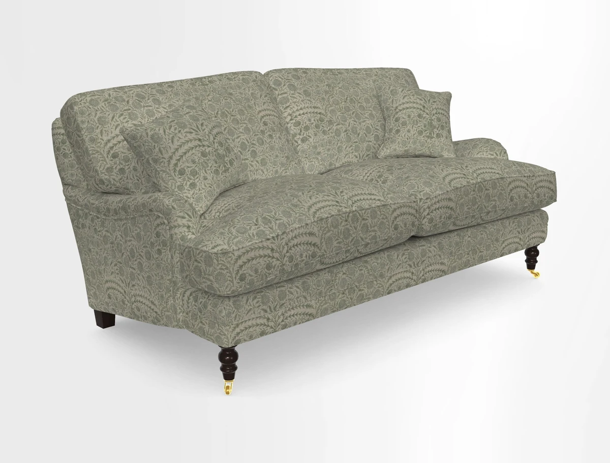 Coates 3 Seater Sofa in Mohair Velvet Indigo with Seat and Back Cushions in Gertrude Jekyll Meadow Flower Blue