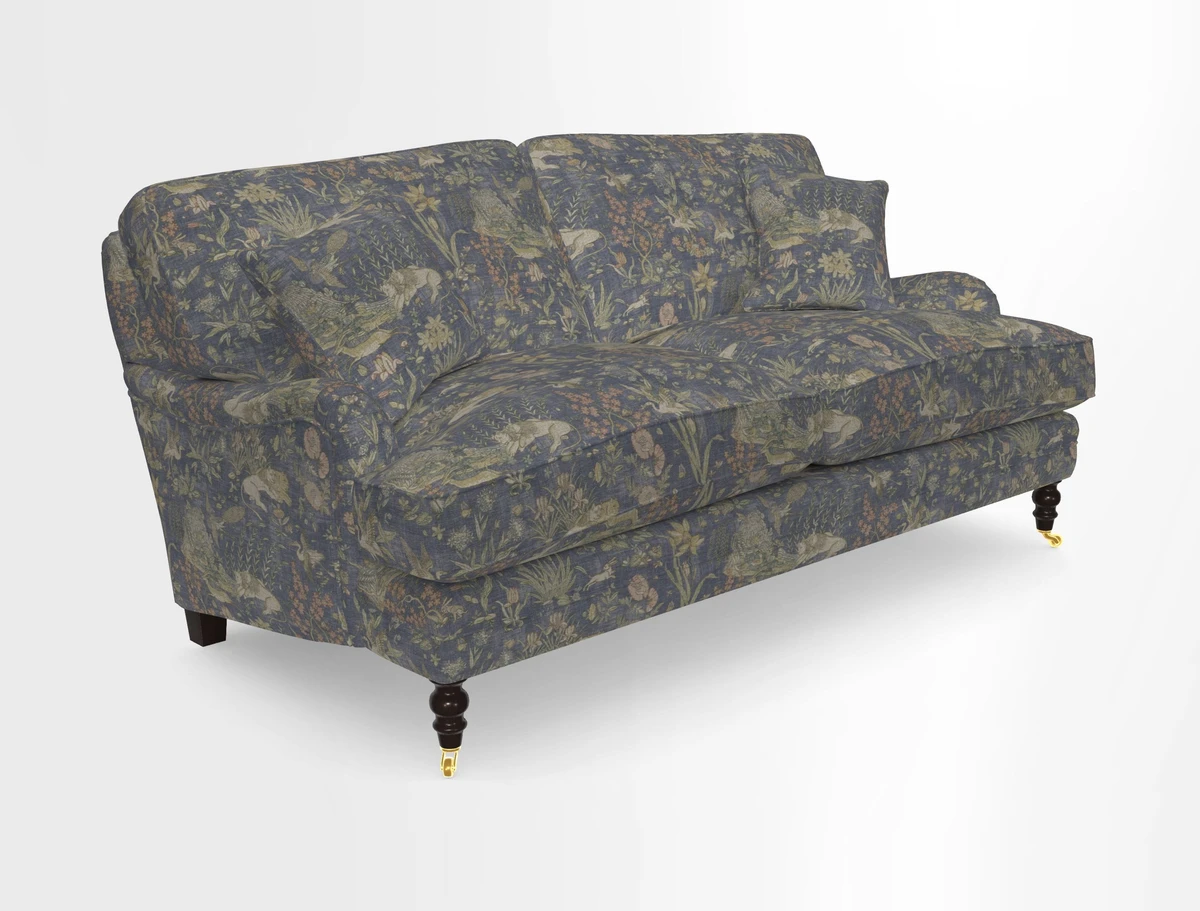 Coates 3 Seater Sofa in Mohair Velvet Indigo with Seat and Back Cushions in Gertrude Jekyll Meadow Flower Blue