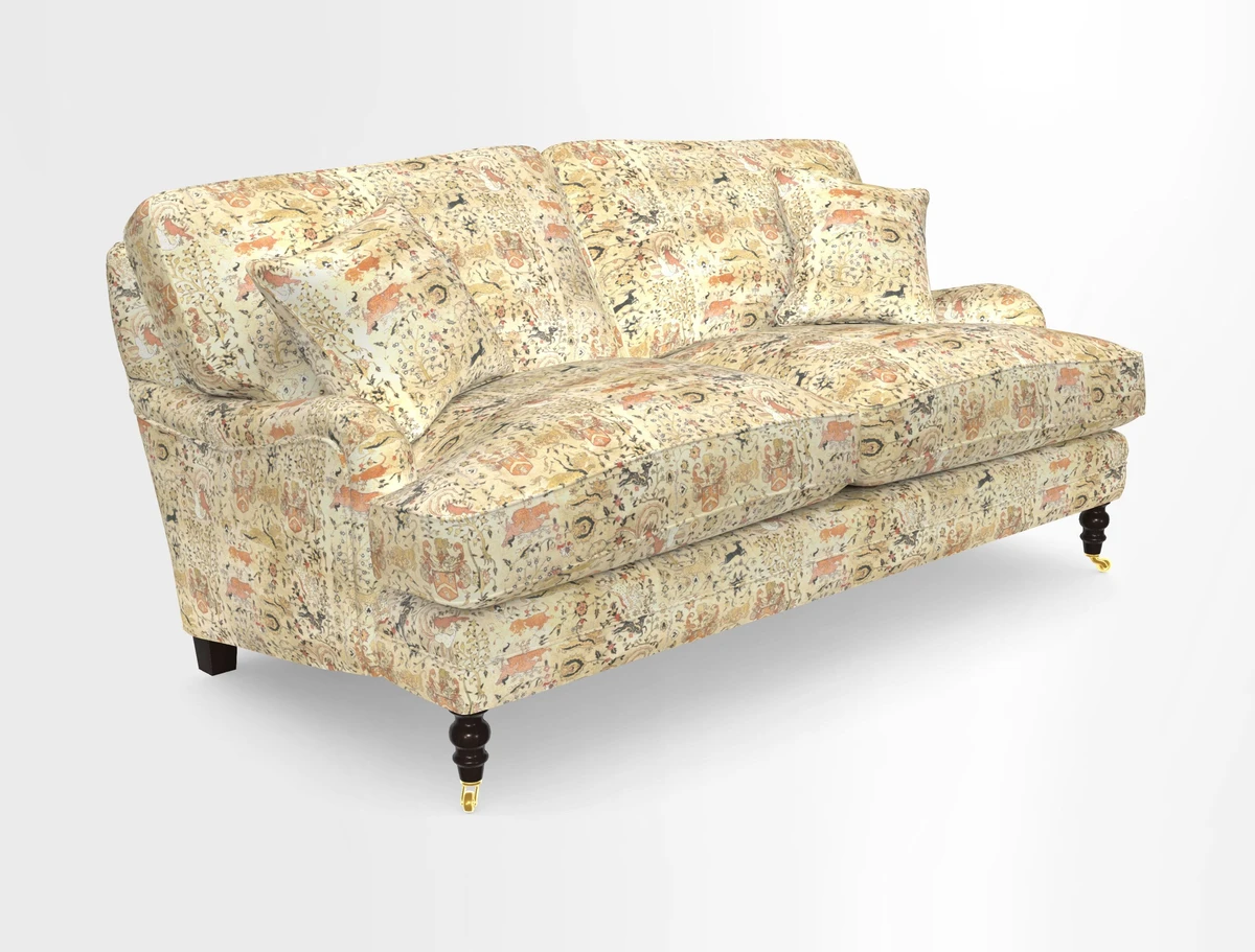 Coates 3 Seater Sofa in Mohair Velvet Indigo with Seat and Back Cushions in Gertrude Jekyll Meadow Flower Blue