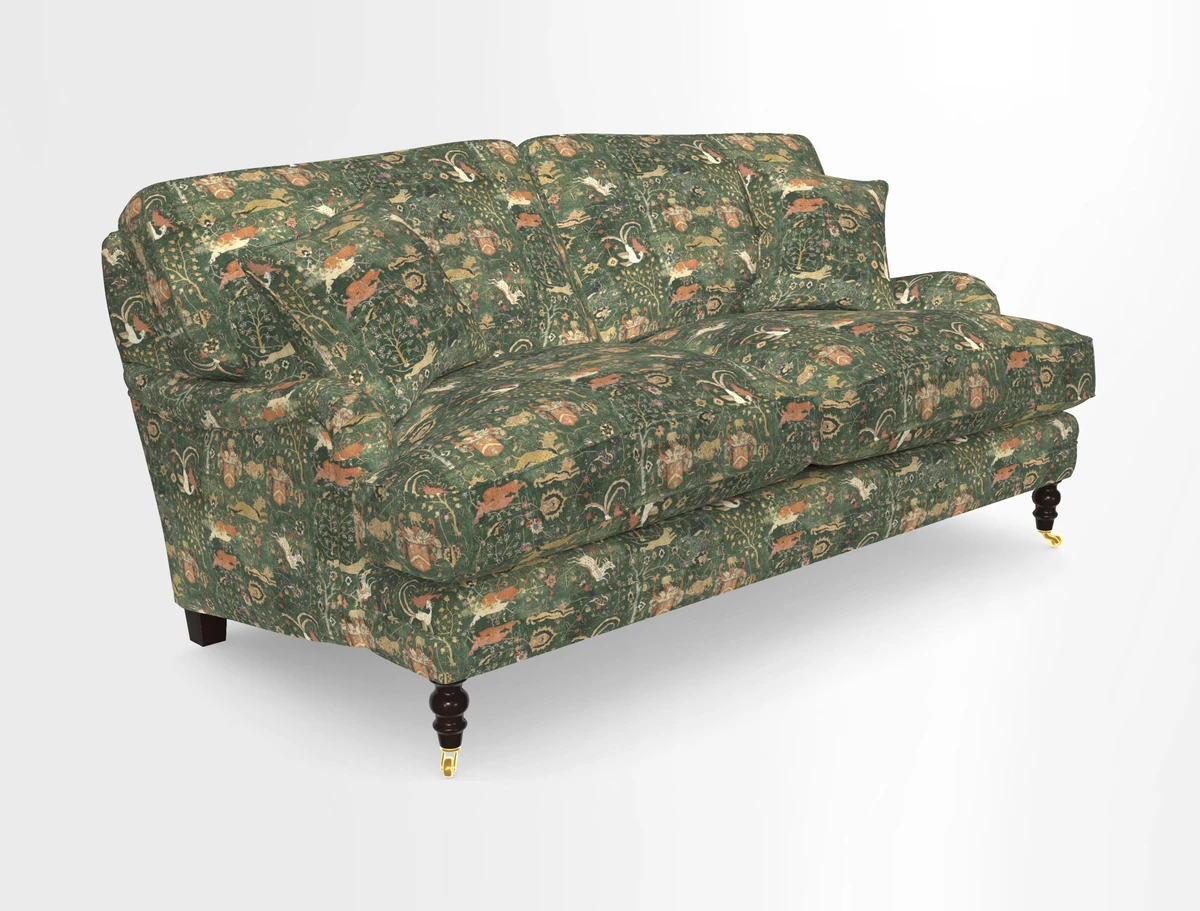 Coates 3 Seater Sofa in Mohair Velvet Indigo with Seat and Back Cushions in Gertrude Jekyll Meadow Flower Blue