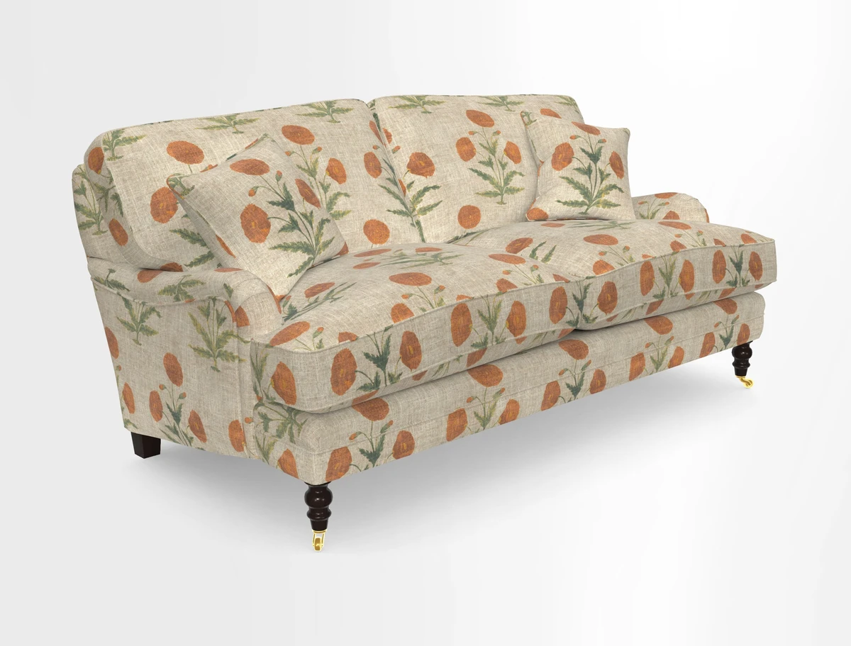 Coates 3 Seater Sofa in Mohair Velvet Indigo with Seat and Back Cushions in Gertrude Jekyll Meadow Flower Blue
