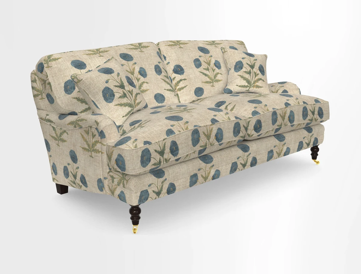 Coates 3 Seater Sofa in Mohair Velvet Indigo with Seat and Back Cushions in Gertrude Jekyll Meadow Flower Blue