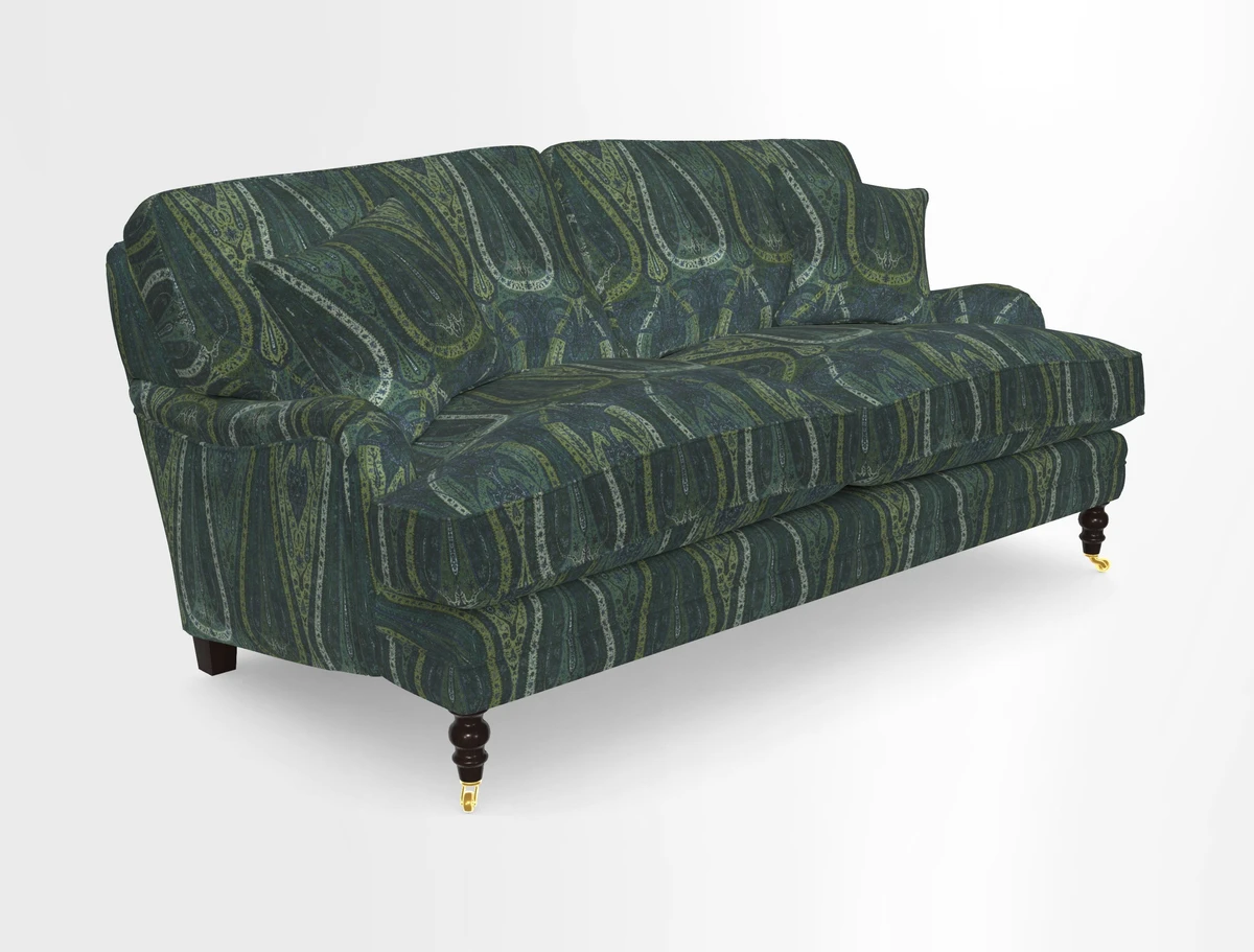 Coates 3 Seater Sofa in Mohair Velvet Indigo with Seat and Back Cushions in Gertrude Jekyll Meadow Flower Blue