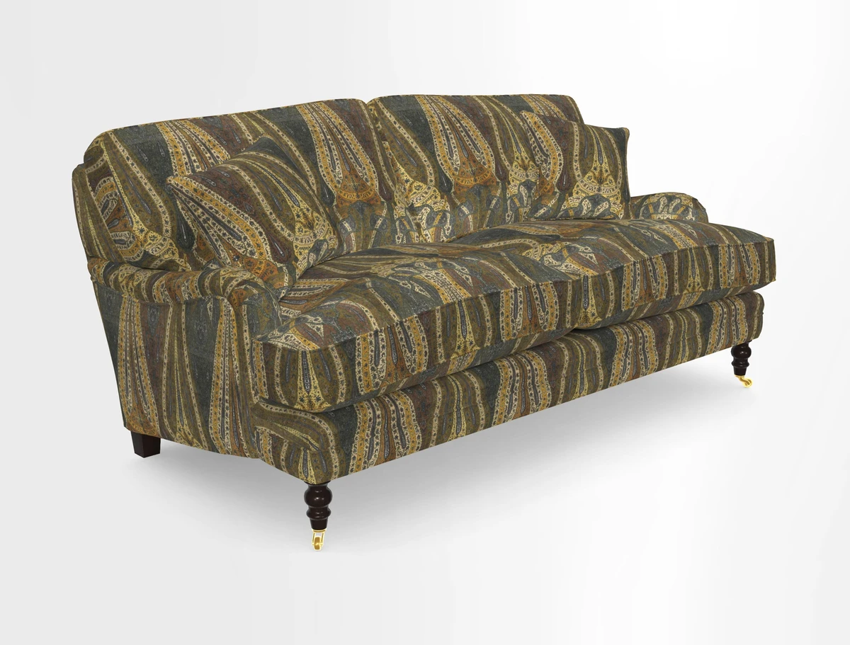 Coates 3 Seater Sofa in Mohair Velvet Indigo with Seat and Back Cushions in Gertrude Jekyll Meadow Flower Blue