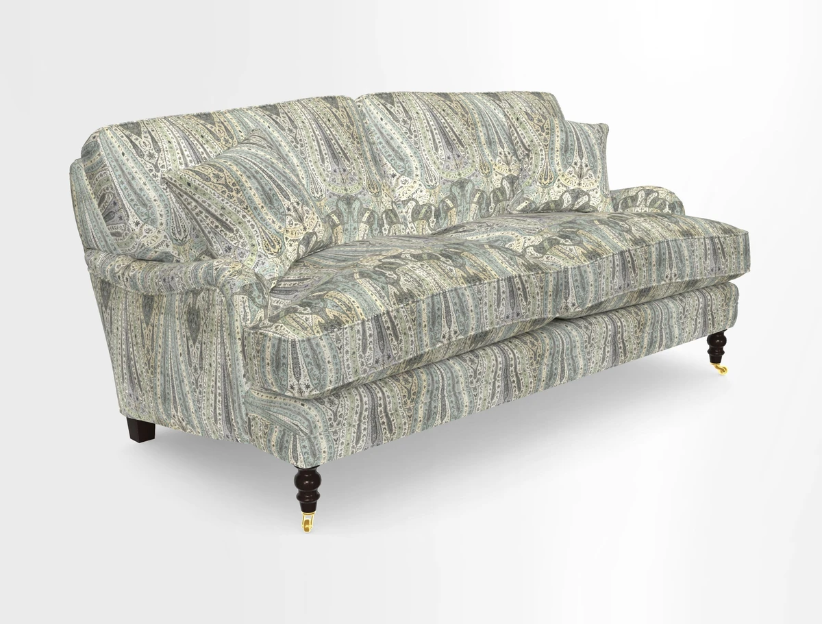 Coates 3 Seater Sofa in Mohair Velvet Indigo with Seat and Back Cushions in Gertrude Jekyll Meadow Flower Blue