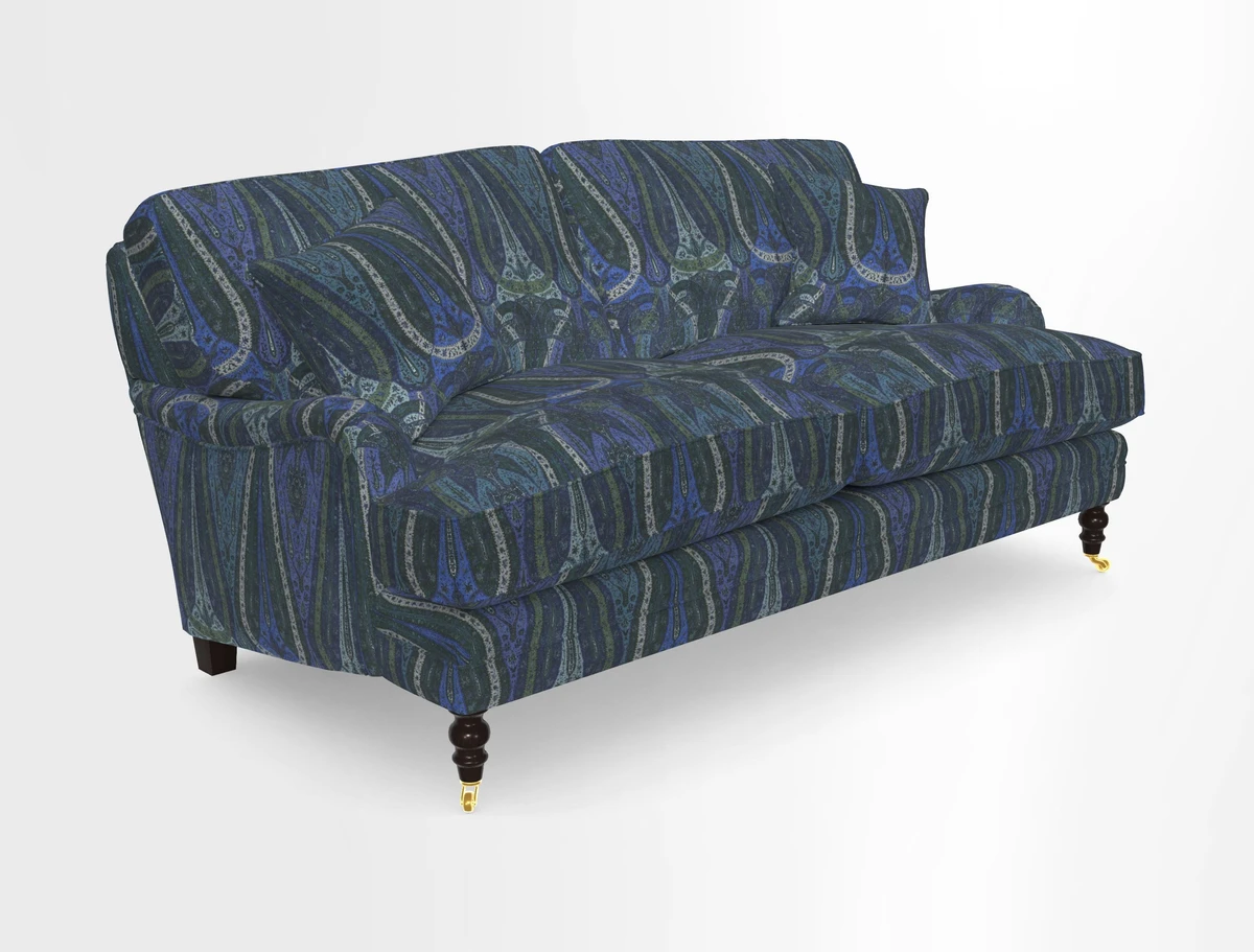 Coates 3 Seater Sofa in Mohair Velvet Indigo with Seat and Back Cushions in Gertrude Jekyll Meadow Flower Blue