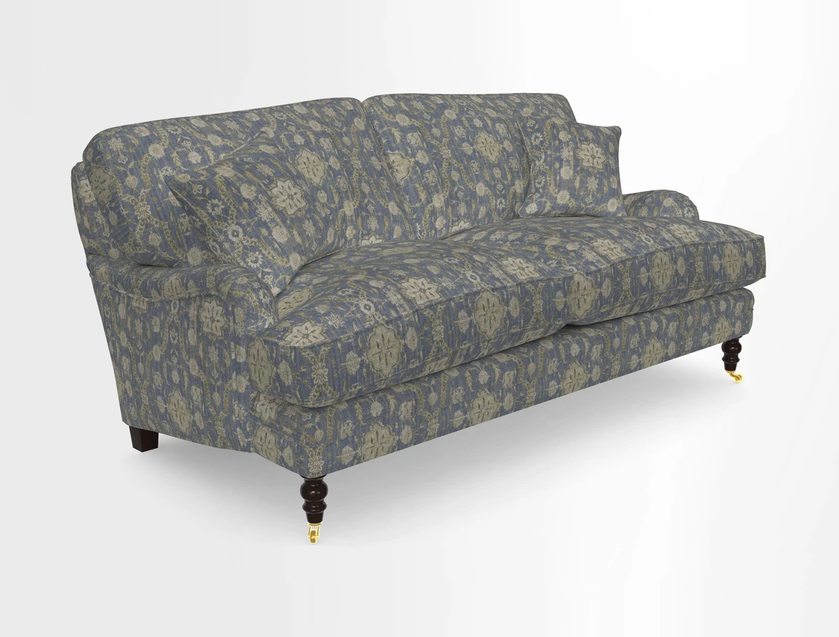 Coates 3 Seater Sofa in Mohair Velvet Indigo with Seat and Back Cushions in Gertrude Jekyll Meadow Flower Blue