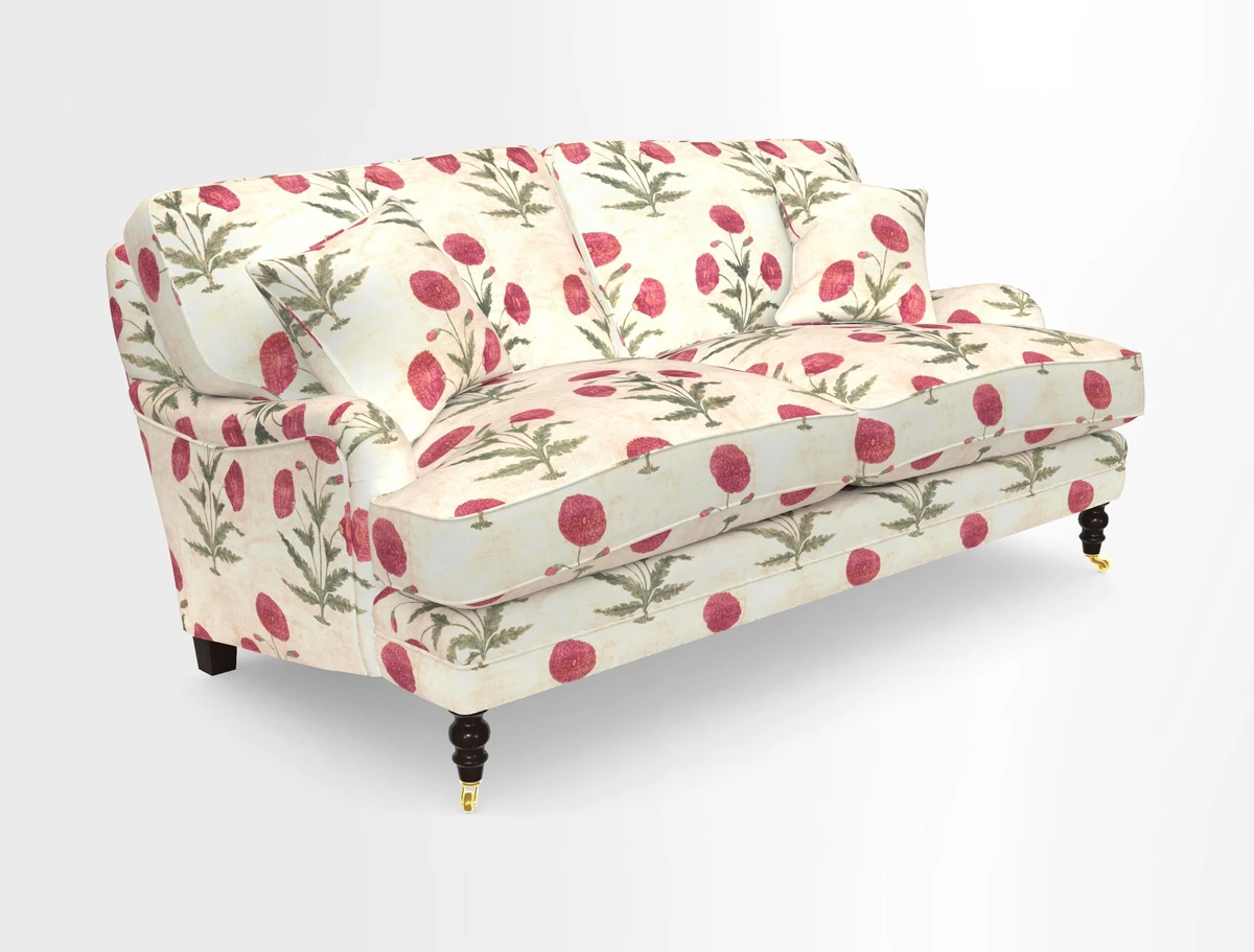 Coates 3 Seater Sofa in Mohair Velvet Indigo with Seat and Back Cushions in Gertrude Jekyll Meadow Flower Blue