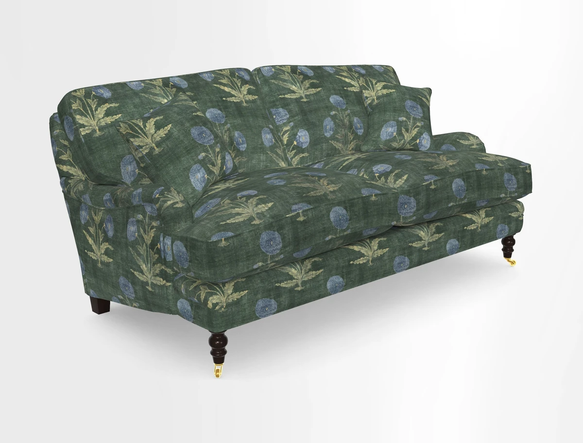 Coates 3 Seater Sofa in Mohair Velvet Indigo with Seat and Back Cushions in Gertrude Jekyll Meadow Flower Blue
