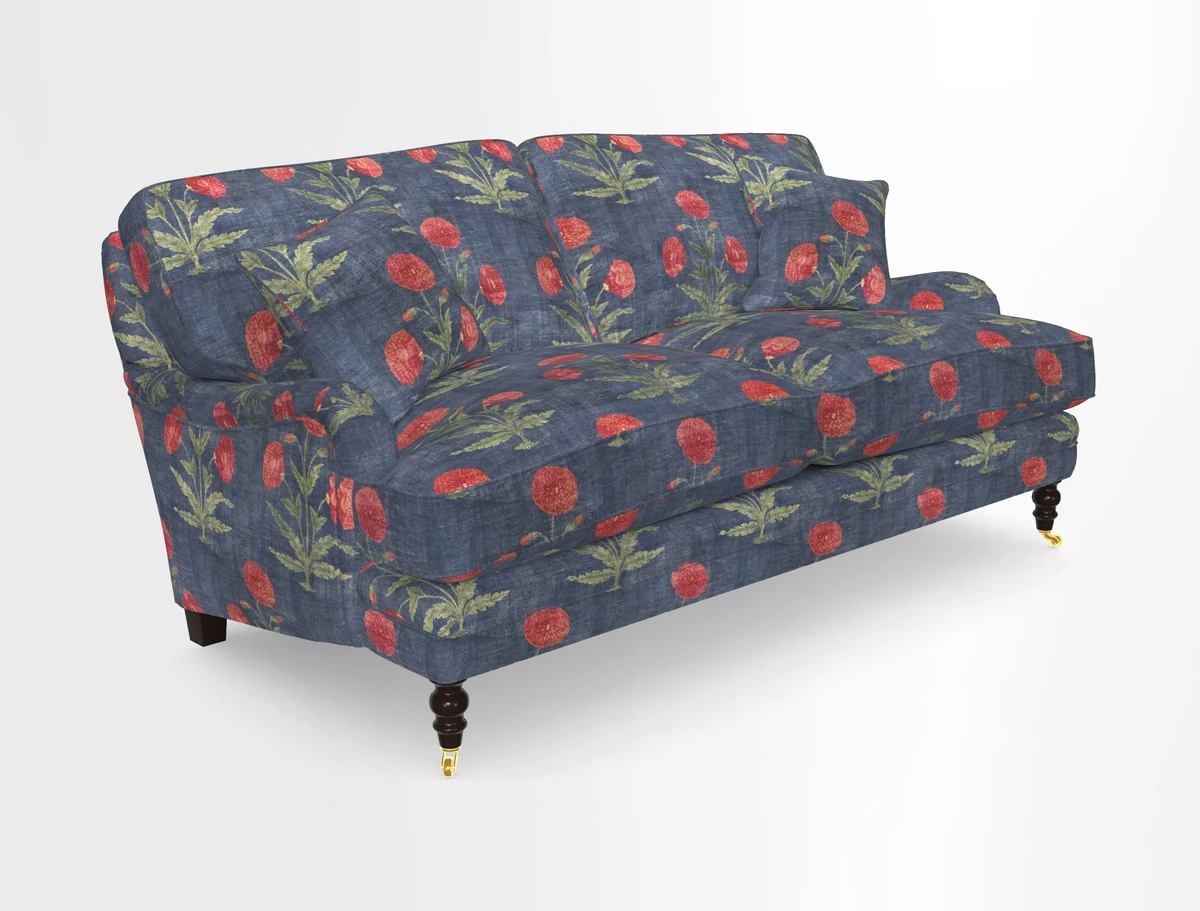 Coates 3 Seater Sofa in Mohair Velvet Indigo with Seat and Back Cushions in Gertrude Jekyll Meadow Flower Blue