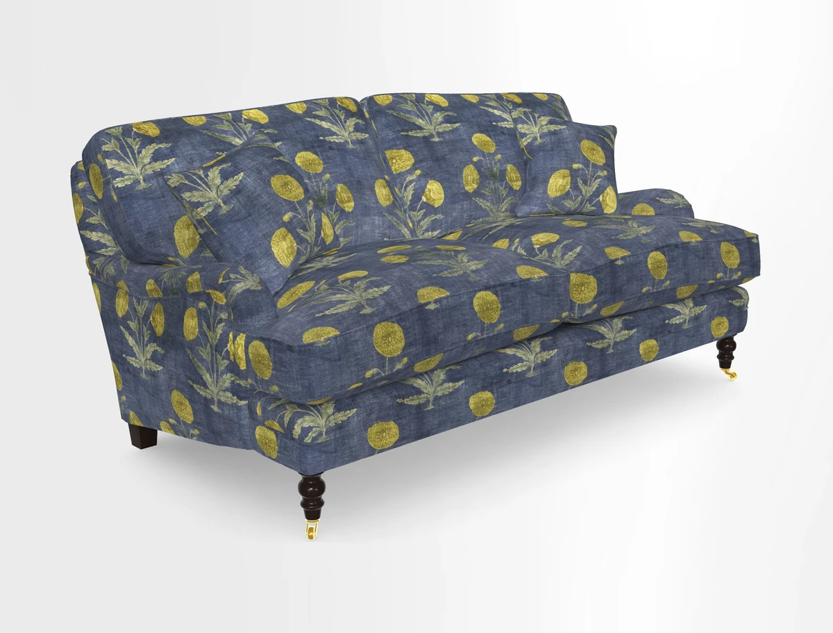 Coates 3 Seater Sofa in Mohair Velvet Indigo with Seat and Back Cushions in Gertrude Jekyll Meadow Flower Blue