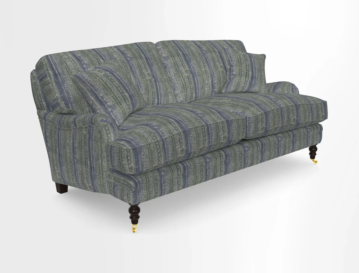 Coates 3 Seater Sofa in Mohair Velvet Indigo with Seat and Back Cushions in Gertrude Jekyll Meadow Flower Blue
