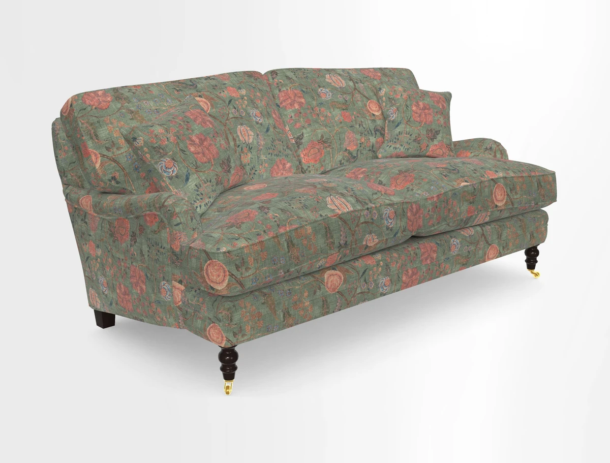 Coates 3 Seater Sofa in Mohair Velvet Indigo with Seat and Back Cushions in Gertrude Jekyll Meadow Flower Blue