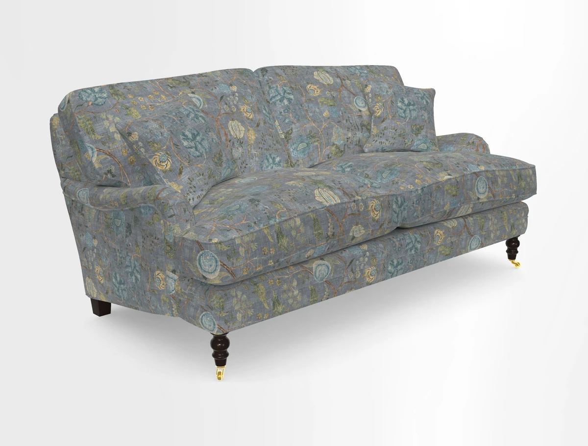 Coates 3 Seater Sofa in Mohair Velvet Indigo with Seat and Back Cushions in Gertrude Jekyll Meadow Flower Blue