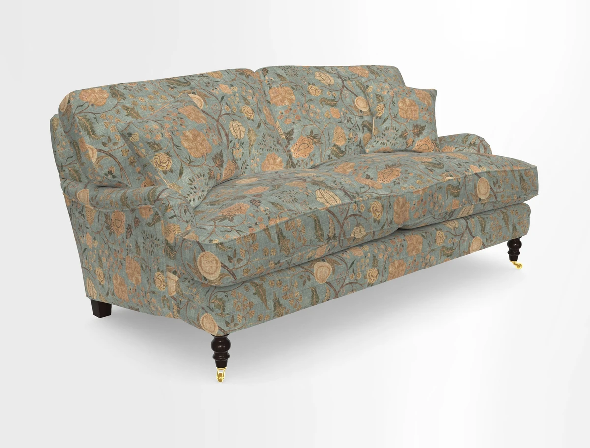 Coates 3 Seater Sofa in Mohair Velvet Indigo with Seat and Back Cushions in Gertrude Jekyll Meadow Flower Blue