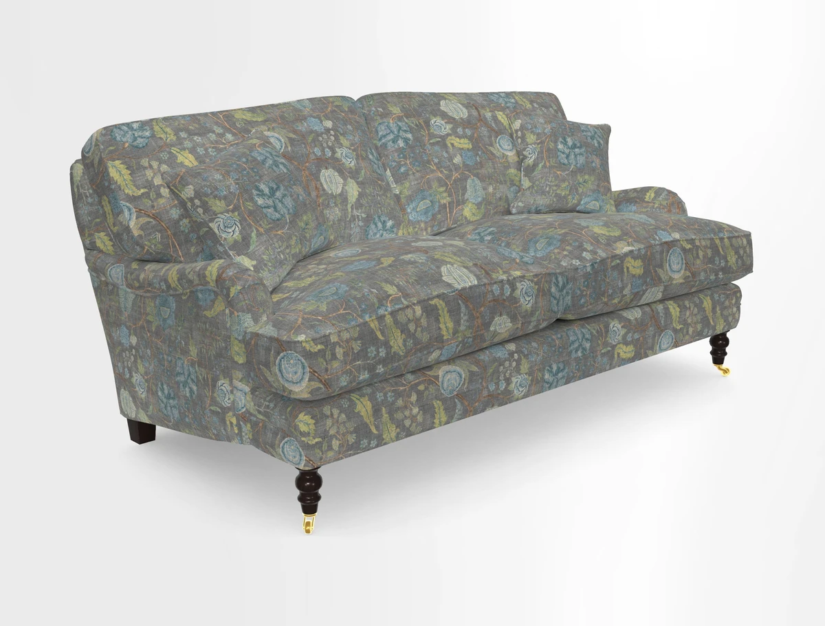 Coates 3 Seater Sofa in Mohair Velvet Indigo with Seat and Back Cushions in Gertrude Jekyll Meadow Flower Blue