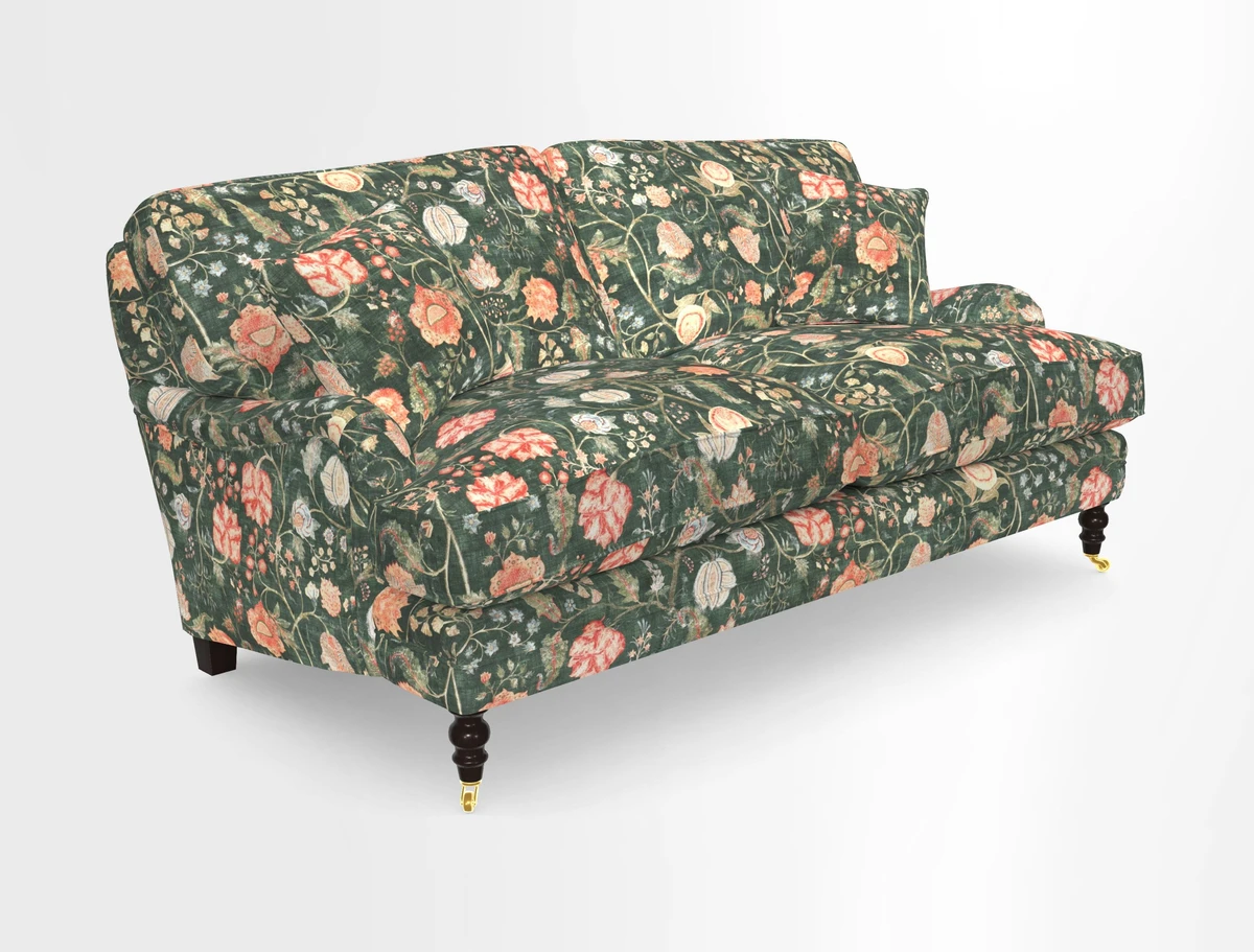 Coates 3 Seater Sofa in Mohair Velvet Indigo with Seat and Back Cushions in Gertrude Jekyll Meadow Flower Blue