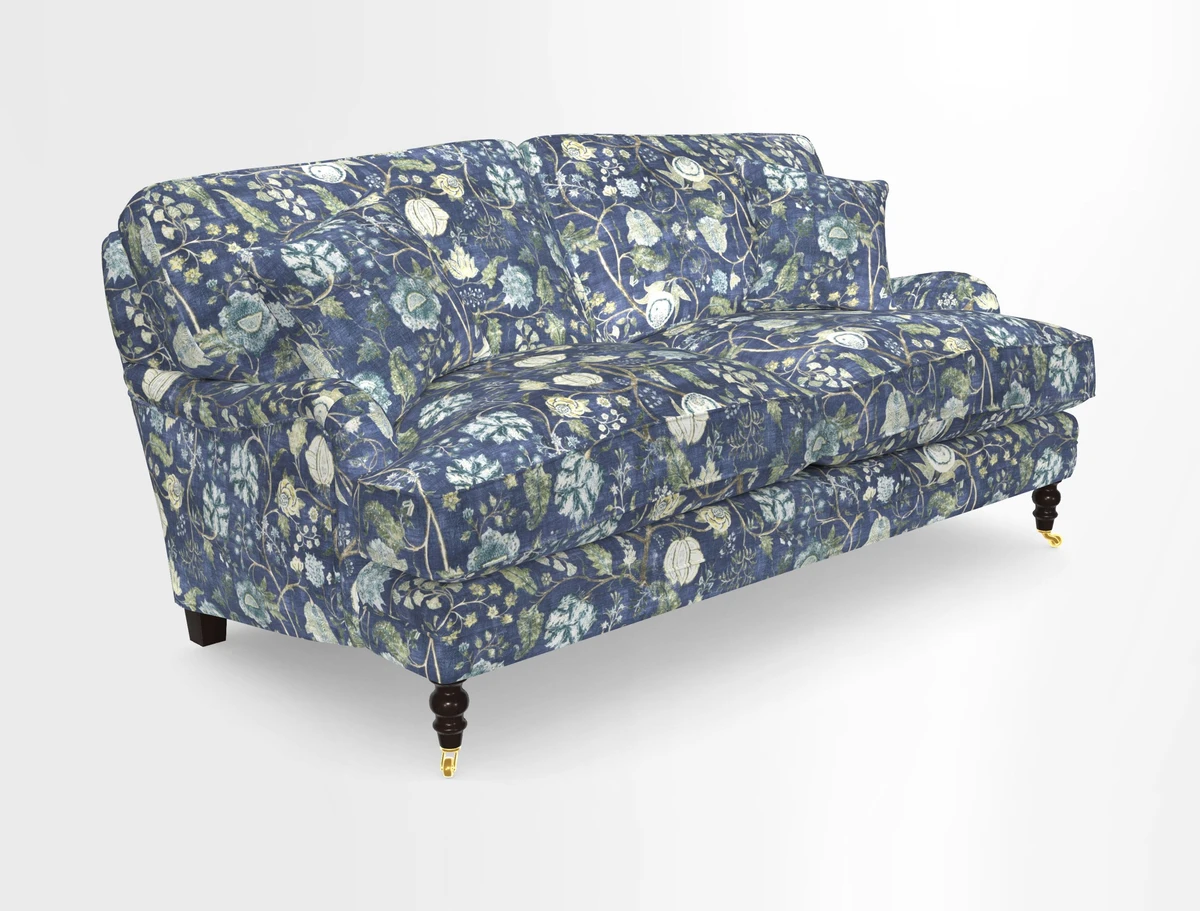 Coates 3 Seater Sofa in Mohair Velvet Indigo with Seat and Back Cushions in Gertrude Jekyll Meadow Flower Blue