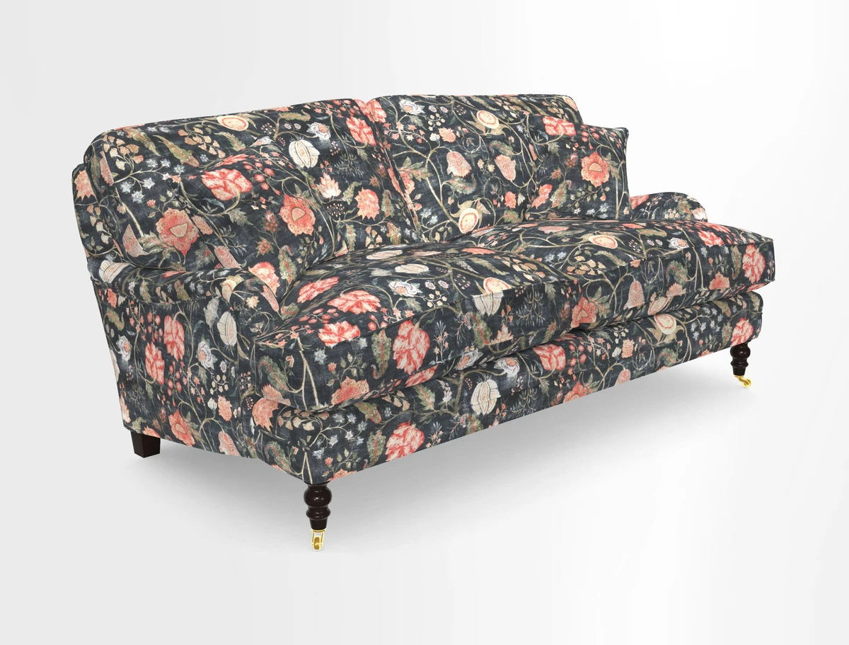 Coates 3 Seater Sofa in Mohair Velvet Indigo with Seat and Back Cushions in Gertrude Jekyll Meadow Flower Blue