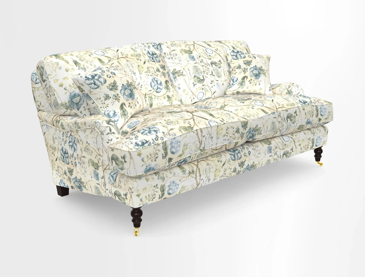 Coates 3 Seater Sofa in Mohair Velvet Indigo with Seat and Back Cushions in Gertrude Jekyll Meadow Flower Blue