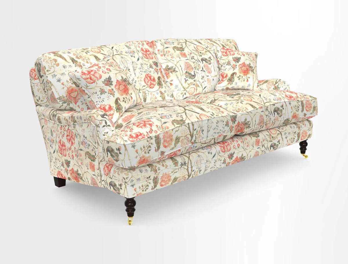 Coates 3 Seater Sofa in Mohair Velvet Indigo with Seat and Back Cushions in Gertrude Jekyll Meadow Flower Blue