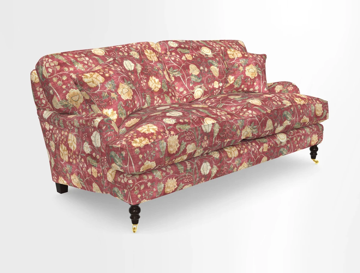 Coates 3 Seater Sofa in Mohair Velvet Indigo with Seat and Back Cushions in Gertrude Jekyll Meadow Flower Blue