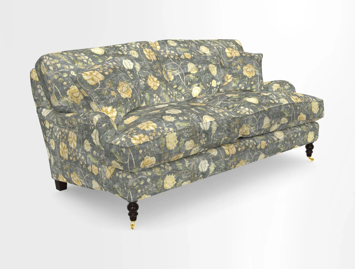 Coates 3 Seater Sofa in Mohair Velvet Indigo with Seat and Back Cushions in Gertrude Jekyll Meadow Flower Blue