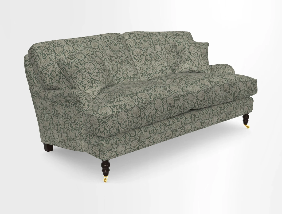 Coates 3 Seater Sofa in Mohair Velvet Indigo with Seat and Back Cushions in Gertrude Jekyll Meadow Flower Blue