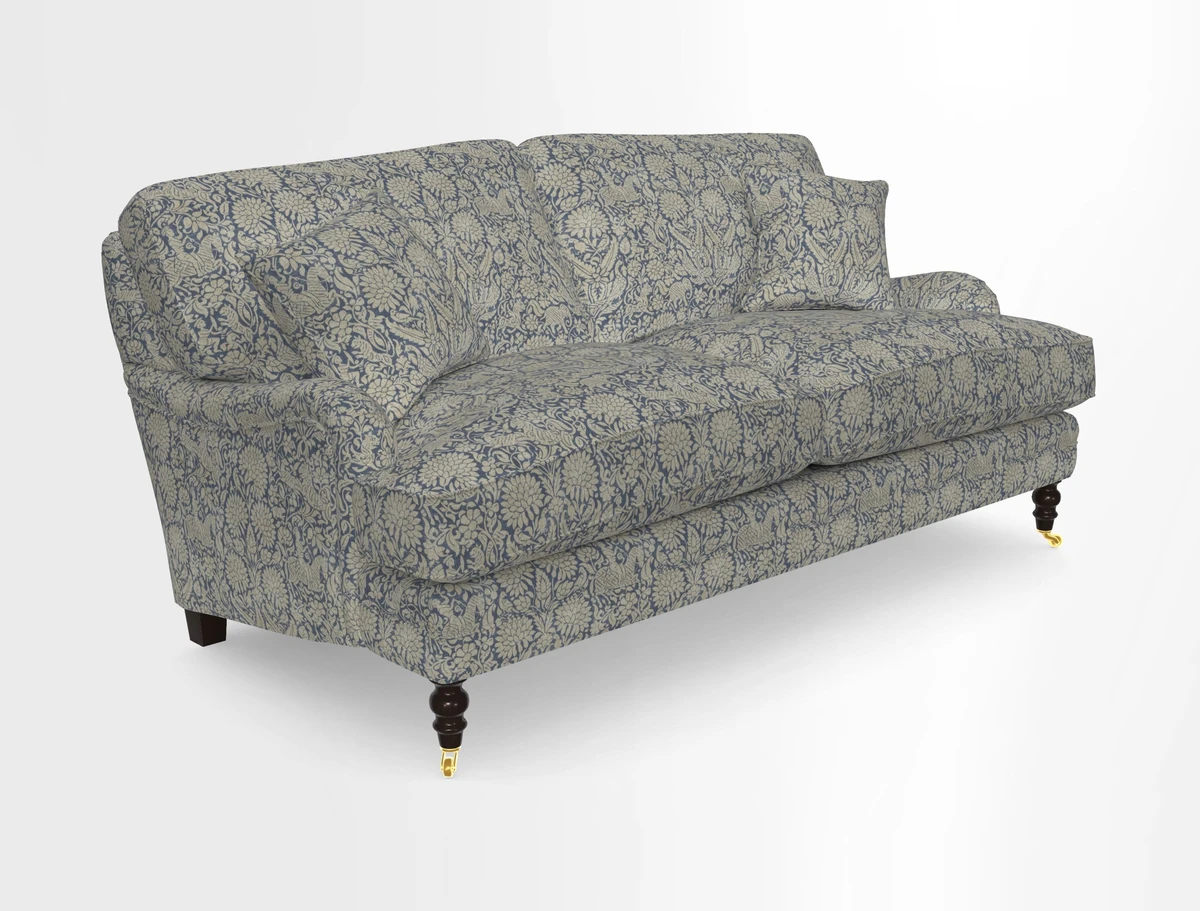 Coates 3 Seater Sofa in Mohair Velvet Indigo with Seat and Back Cushions in Gertrude Jekyll Meadow Flower Blue