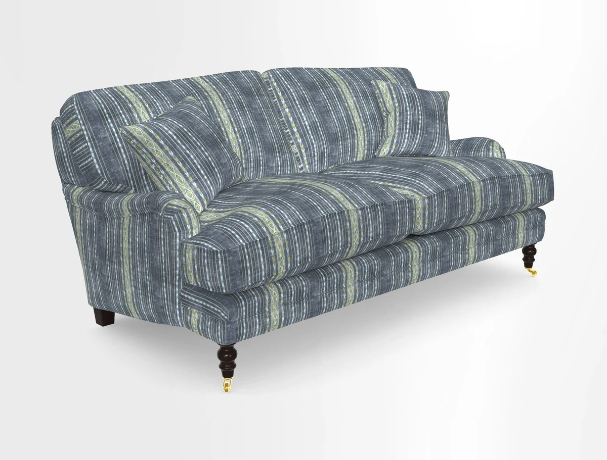 Coates 3 Seater Sofa in Mohair Velvet Indigo with Seat and Back Cushions in Gertrude Jekyll Meadow Flower Blue