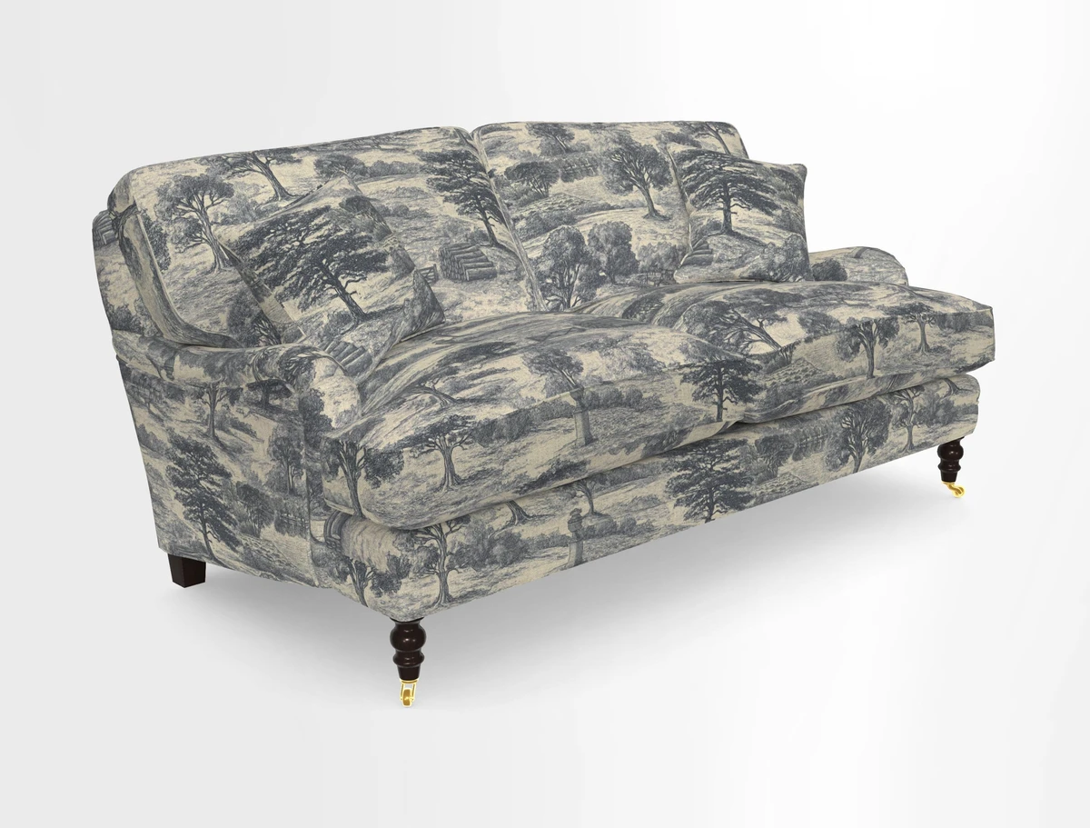 Coates 3 Seater Sofa in Mohair Velvet Indigo with Seat and Back Cushions in Gertrude Jekyll Meadow Flower Blue