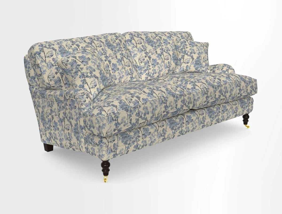 Coates 3 Seater Sofa in Mohair Velvet Indigo with Seat and Back Cushions in Gertrude Jekyll Meadow Flower Blue