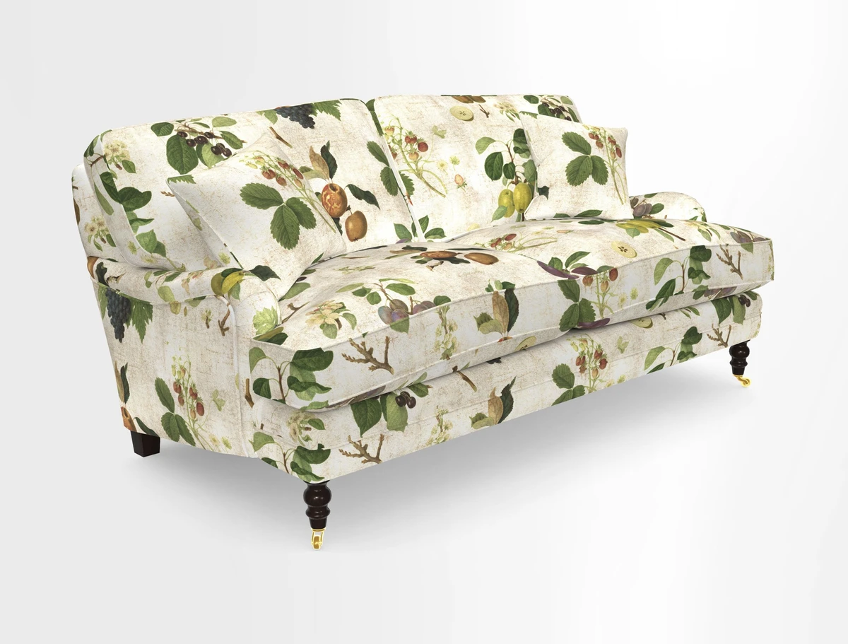 Coates 3 Seater Sofa in Mohair Velvet Indigo with Seat and Back Cushions in Gertrude Jekyll Meadow Flower Blue
