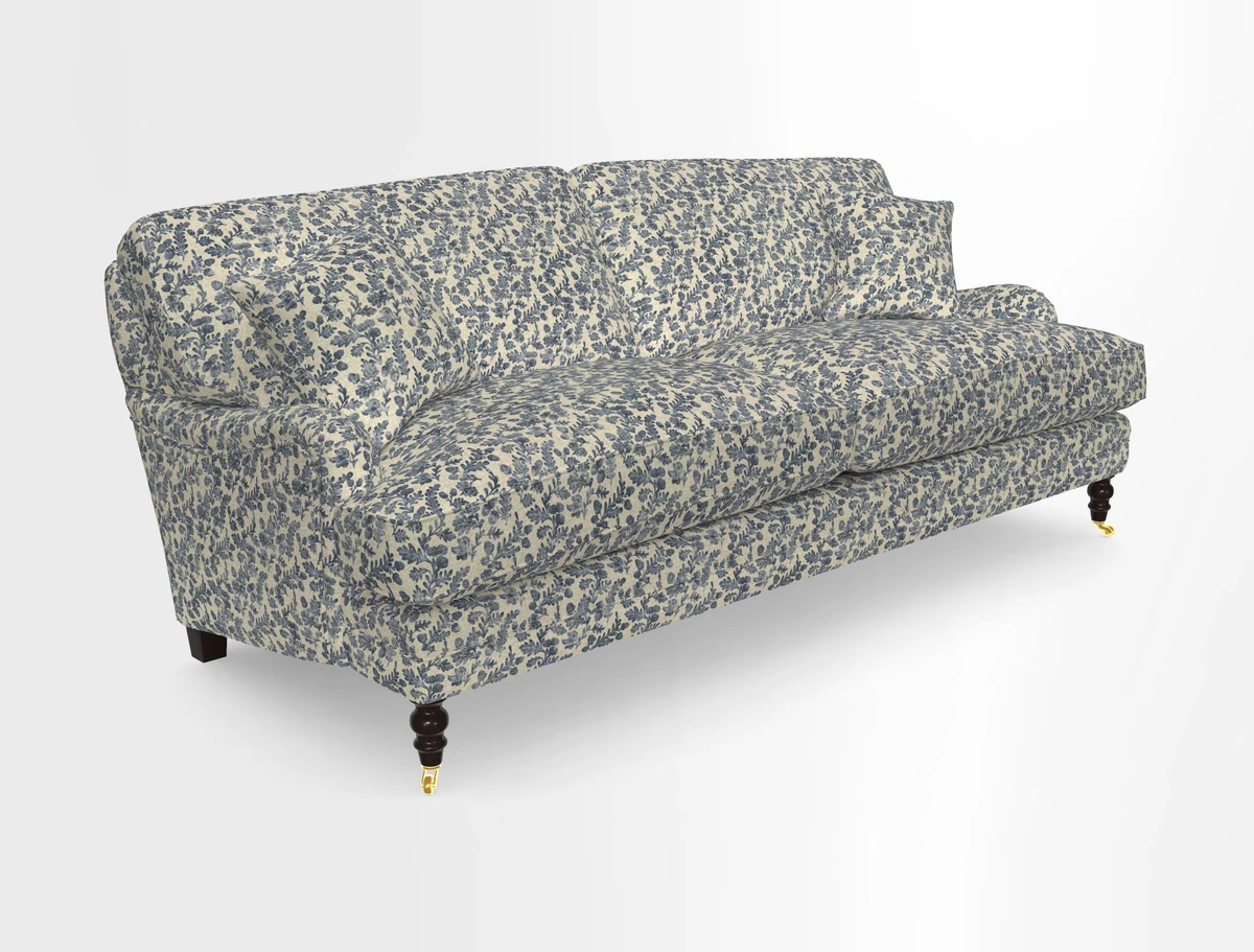 Coates 3 Seater Sofa in Mohair Velvet Indigo with Seat and Back Cushions in Gertrude Jekyll Meadow Flower Blue