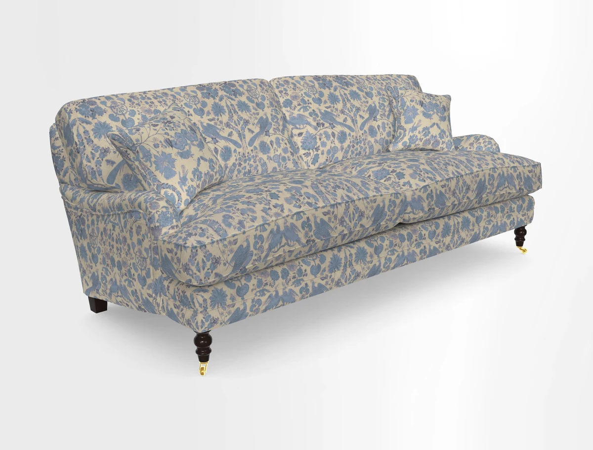 Coates 3 Seater Sofa in Mohair Velvet Indigo with Seat and Back Cushions in Gertrude Jekyll Meadow Flower Blue
