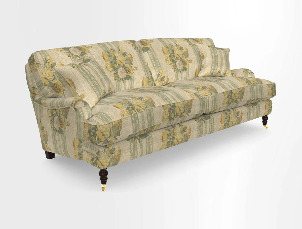 Coates 3 Seater Sofa in Mohair Velvet Indigo with Seat and Back Cushions in Gertrude Jekyll Meadow Flower Blue