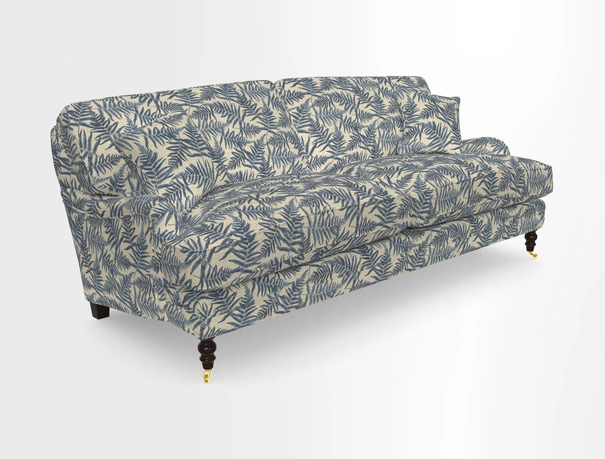 Coates 3 Seater Sofa in Mohair Velvet Indigo with Seat and Back Cushions in Gertrude Jekyll Meadow Flower Blue
