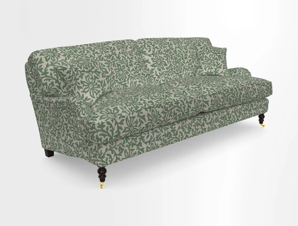 Coates 3 Seater Sofa in Mohair Velvet Indigo with Seat and Back Cushions in Gertrude Jekyll Meadow Flower Blue