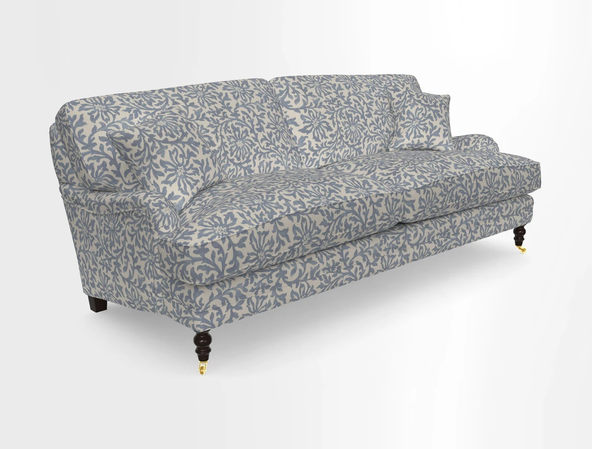 Coates 3 Seater Sofa in Mohair Velvet Indigo with Seat and Back Cushions in Gertrude Jekyll Meadow Flower Blue