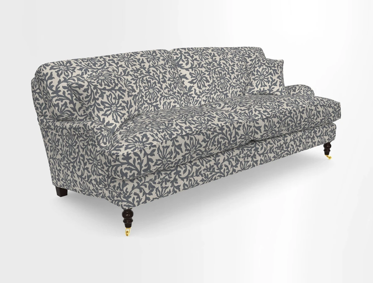 Coates 3 Seater Sofa in Mohair Velvet Indigo with Seat and Back Cushions in Gertrude Jekyll Meadow Flower Blue
