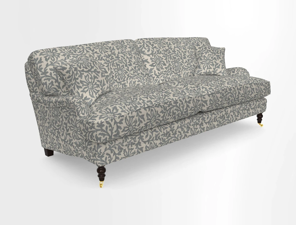 Coates 3 Seater Sofa in Mohair Velvet Indigo with Seat and Back Cushions in Gertrude Jekyll Meadow Flower Blue