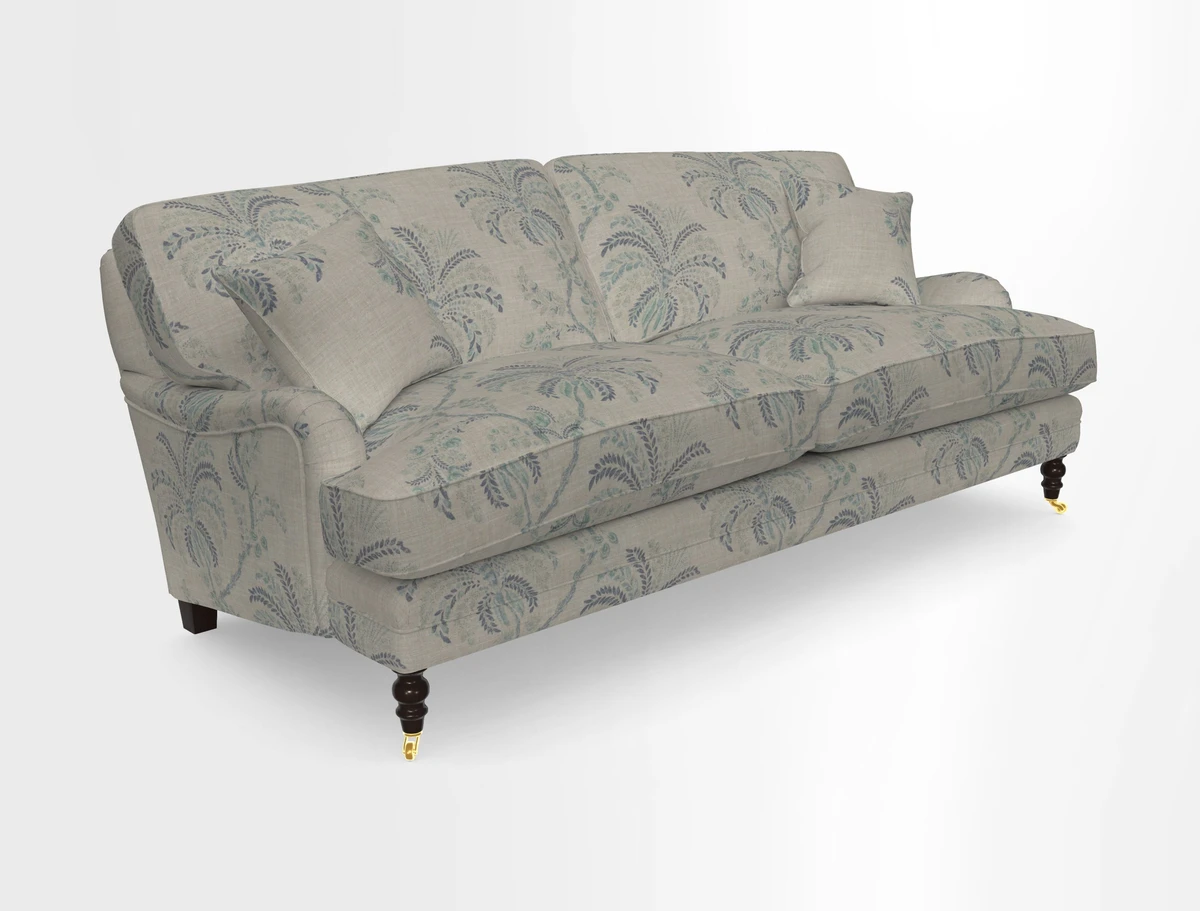 Coates 3 Seater Sofa in Mohair Velvet Indigo with Seat and Back Cushions in Gertrude Jekyll Meadow Flower Blue