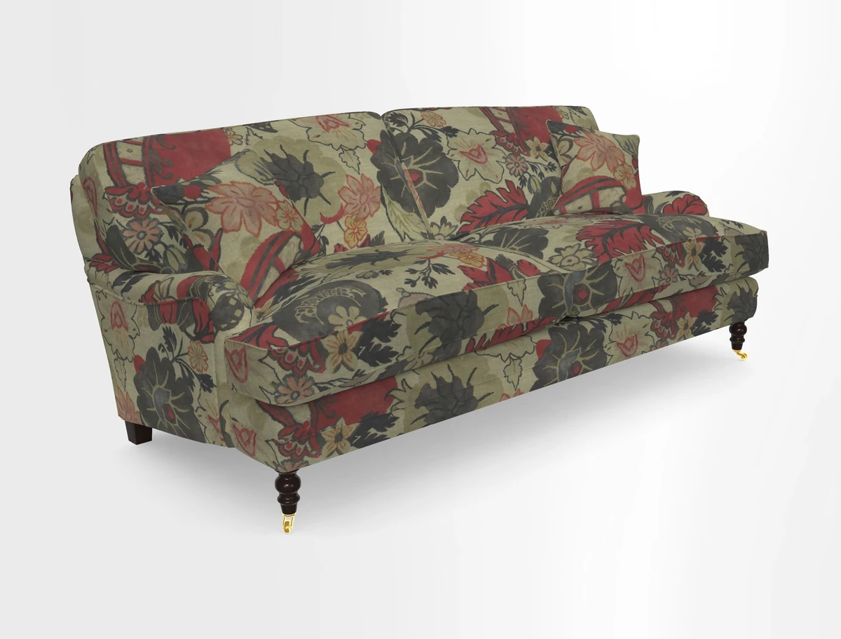 Coates 3 Seater Sofa in Mohair Velvet Indigo with Seat and Back Cushions in Gertrude Jekyll Meadow Flower Blue
