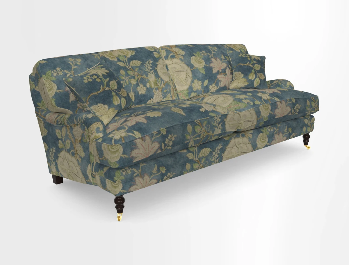 Coates 3 Seater Sofa in Mohair Velvet Indigo with Seat and Back Cushions in Gertrude Jekyll Meadow Flower Blue