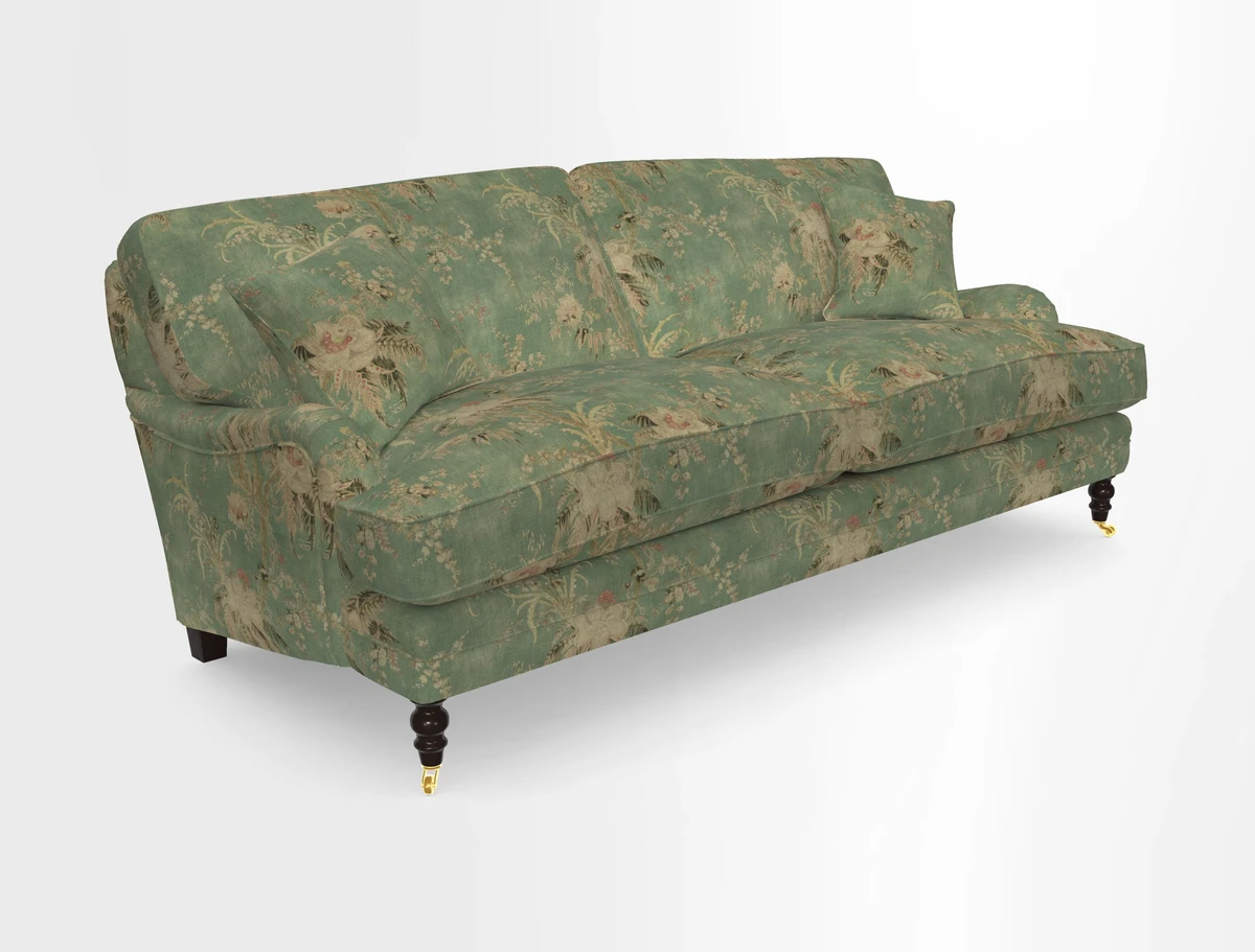Coates 3 Seater Sofa in Mohair Velvet Indigo with Seat and Back Cushions in Gertrude Jekyll Meadow Flower Blue