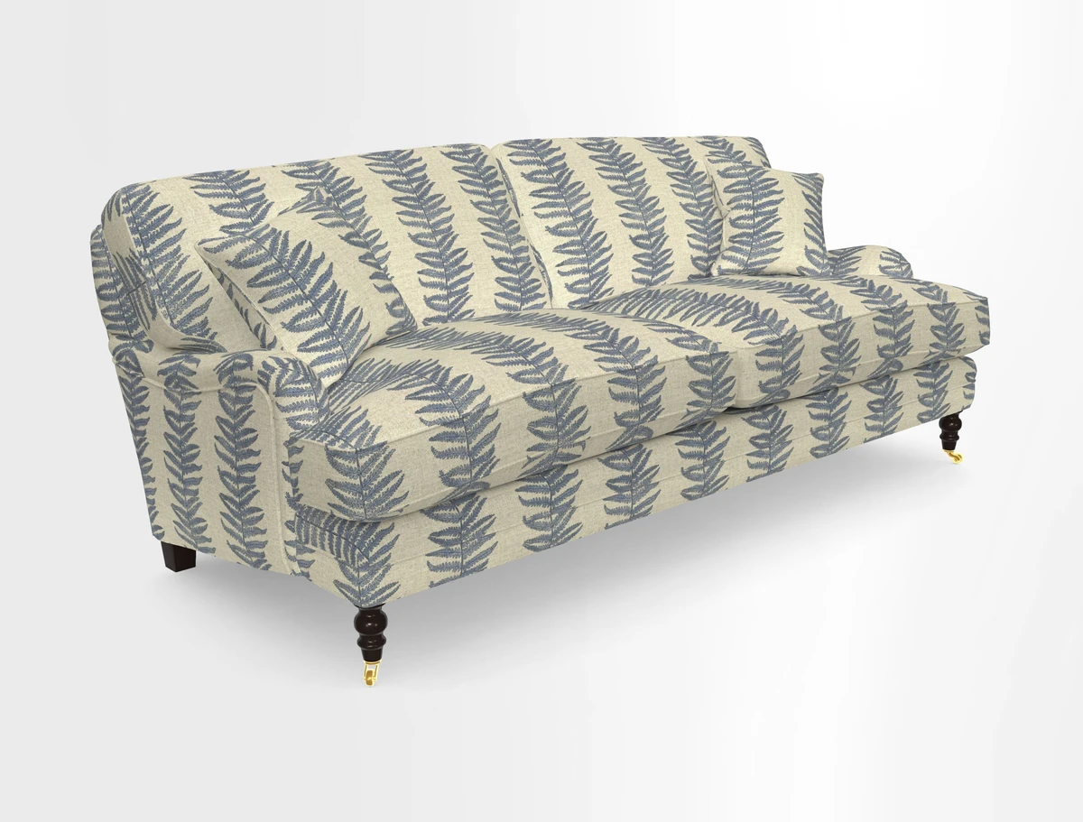 Coates 3 Seater Sofa in Mohair Velvet Indigo with Seat and Back Cushions in Gertrude Jekyll Meadow Flower Blue