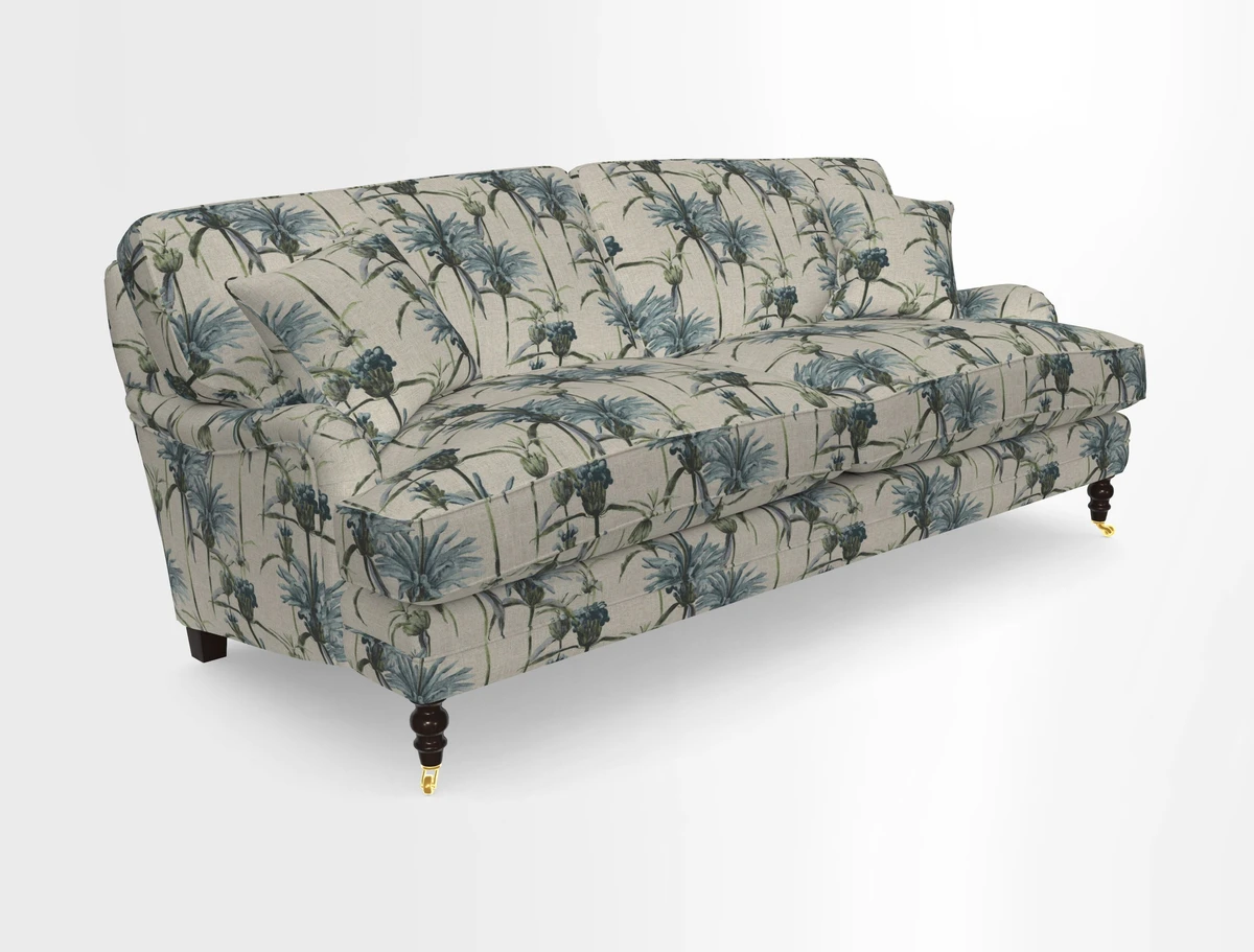 Coates 3 Seater Sofa in Mohair Velvet Indigo with Seat and Back Cushions in Gertrude Jekyll Meadow Flower Blue