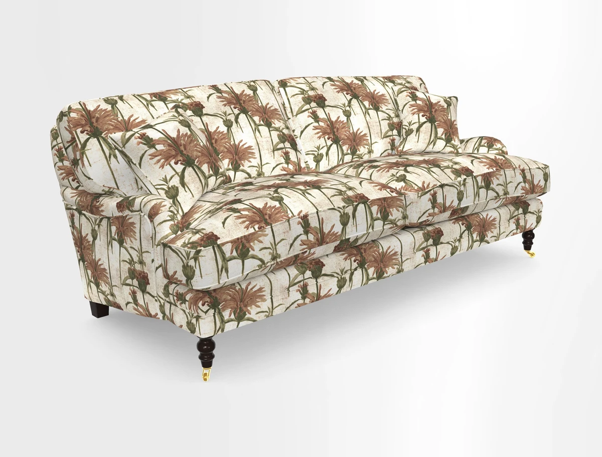Coates 3 Seater Sofa in Mohair Velvet Indigo with Seat and Back Cushions in Gertrude Jekyll Meadow Flower Blue